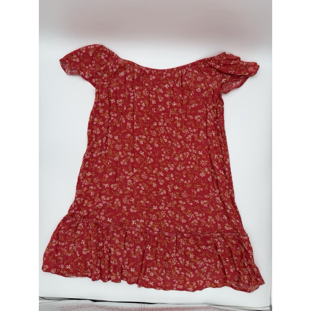 Boho Red Floral Mini Dress L Cottagecore Flutter Sleeve Peasant Ruffle Prairie - Picture 6 of 8